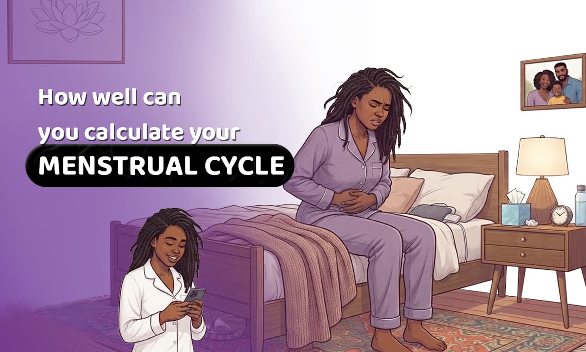 The image shows a lady having menstral cramps and in the same image there is a lady that is happy to track her menstrual cycle